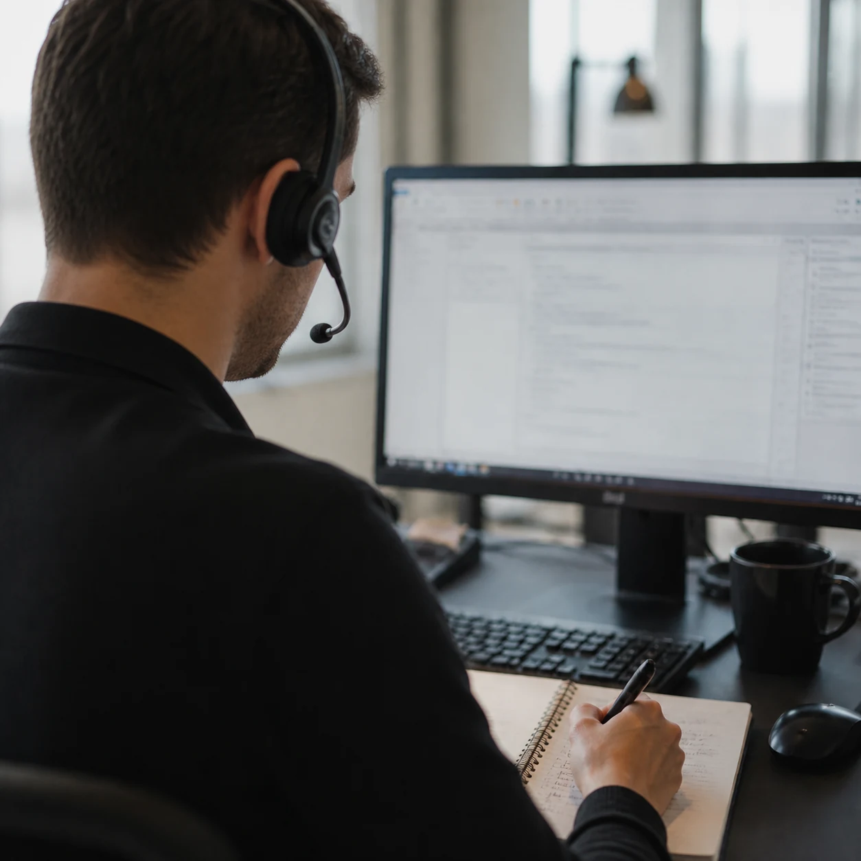 Anonymer Support-Mitarbeiter mit Headset an einem modernen Büroarbeitsplatz