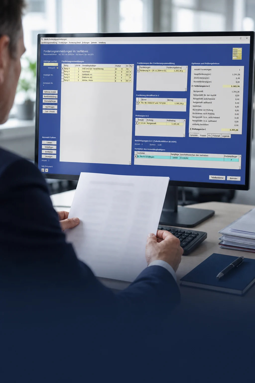 Prüfung von Forderungen und Tabellen in InsoDaten im modernen Büro